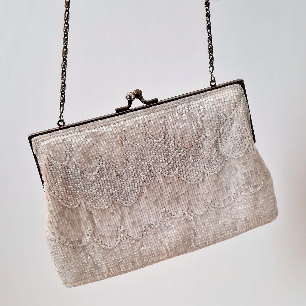 La Royale Handmade White Beaded Evening Bag